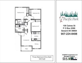 Seward apartment for rent - A floor plan for a three bedroom, one bath property at Pacific Park.
