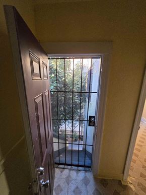Los Angeles apartment for rent - A brown door with a black handle and a window with a view of trees.