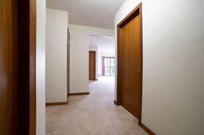 Regina apartment for rent - A hallway with a brown door and carpeted floor.