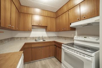 Regina apartment for rent - A kitchen with wooden cabinets and a white oven.