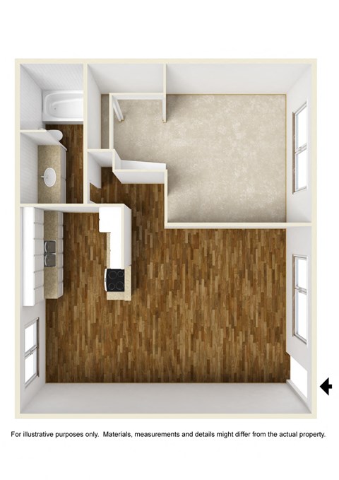 Floor plan for 1 bed, 1 bath, 750 sqft