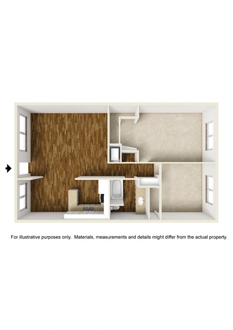 Floor plan for 2 beds, 1 bath, 984 sqft