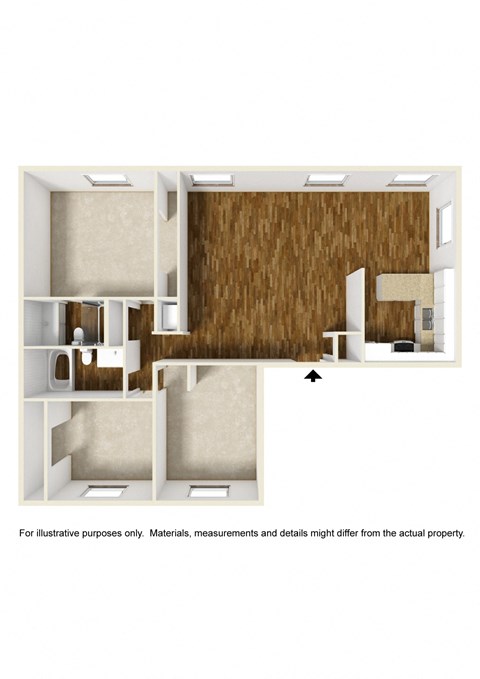 Floor plan for 3 beds, 2 baths, 1298 sqft