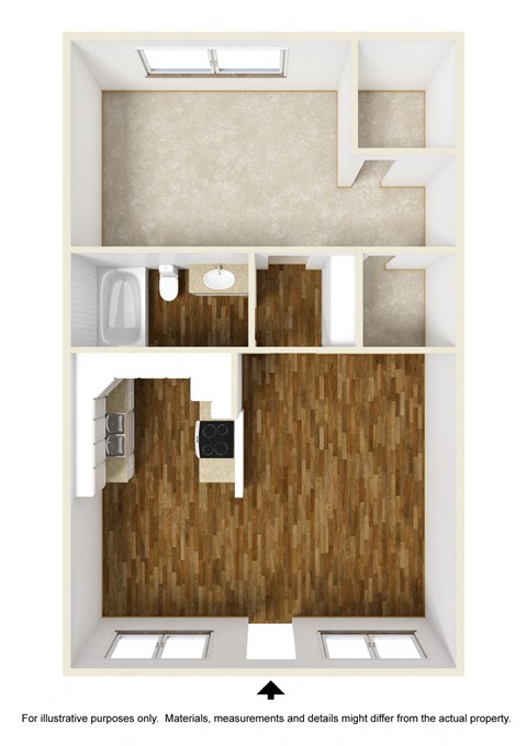 Floor plan for 1 bed, 1 bath, 735 sqft