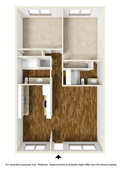 Floor plan for 2 beds, 2 baths, 1025 sqft