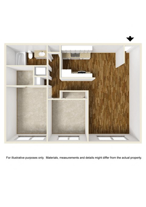 Floor plan for 2 beds, 1 bath, 866 sqft