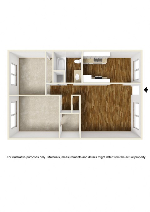 Floor plan for 2 beds, 1 bath, 975 sqft