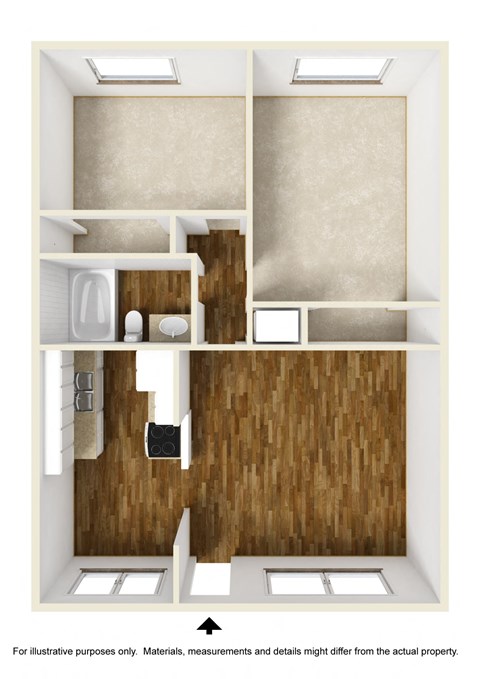 Floor plan for 2 beds, 1 bath, 875 sqft