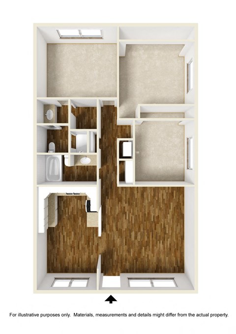 Floor plan for 3 beds, 2 baths, 1215 sqft
