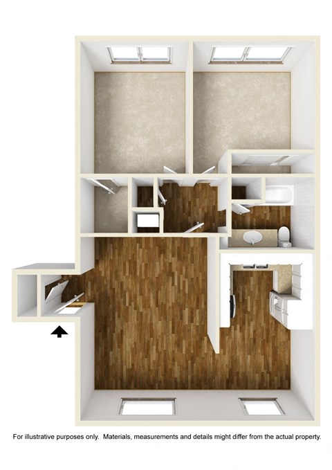 Floor plan for 2 beds, 1 bath, 1332 sqft