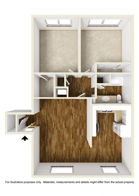 Floor plan for 2 beds, 1 bath, 1025 sqft