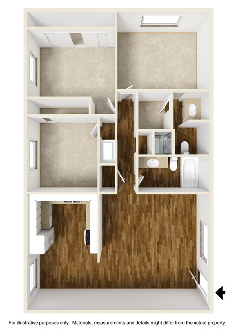Floor plan for 3 beds, 2 baths, 1250 sqft