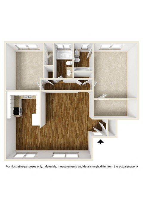 Floor plan for 2 beds, 2 baths, 1030 sqft