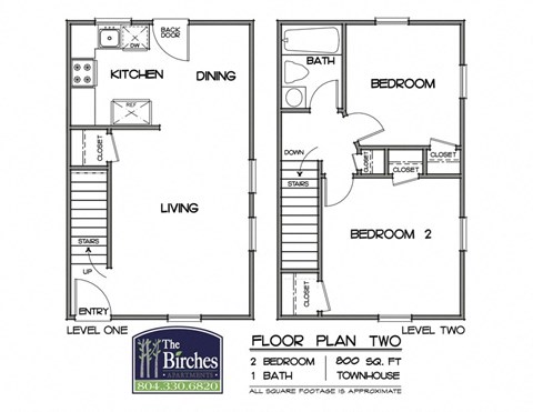 Floor plan for 2 beds, 1 bath, 800 sqft