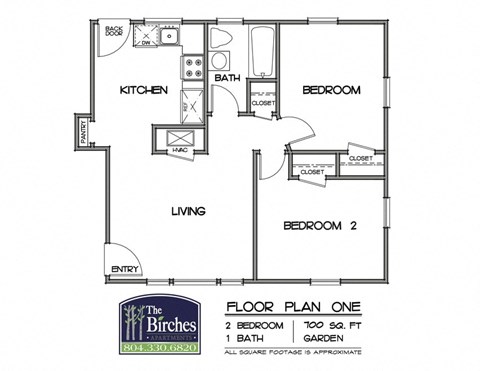 Floor plan for 2 beds, 1 bath, 700 sqft