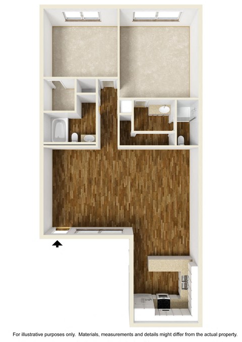 Floor plan for 2 beds, 2 baths, 1079 sqft