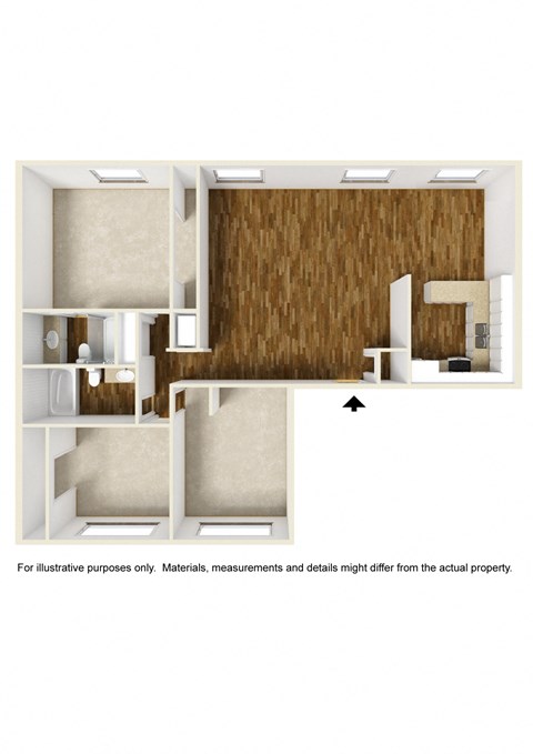 Floor plan for 3 beds, 2 baths, 1298 sqft