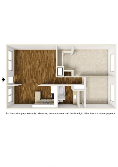 Floor plan for 2 beds, 1 bath, 984 sqft