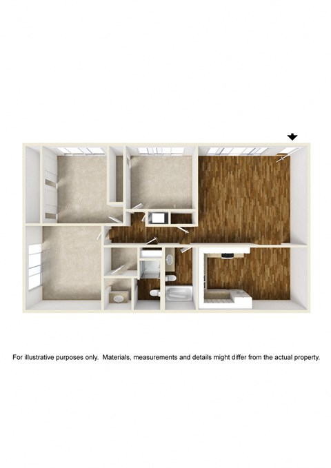 Floor plan for 3 beds, 2 baths, 1215 sqft