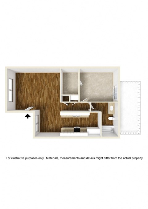 Floor plan for 1 bed, 1 bath, 756 sqft