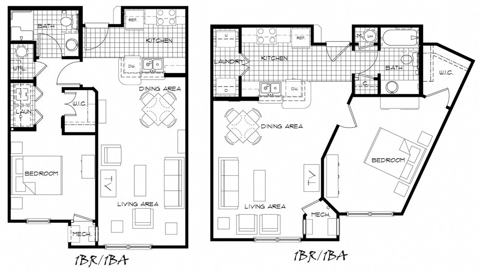 Floor plan for 1 bed, 1 bath, 688 sqft