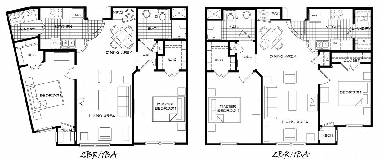 Floor plan for 2 beds, 1 bath, 1003 sqft