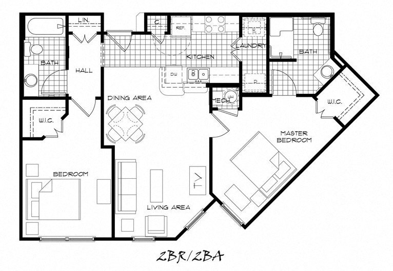 Floor plan for 2 beds, 2 baths