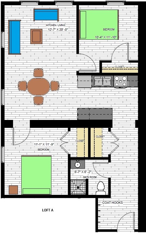 Floor plan for 2 beds, 2 baths, 879 sqft