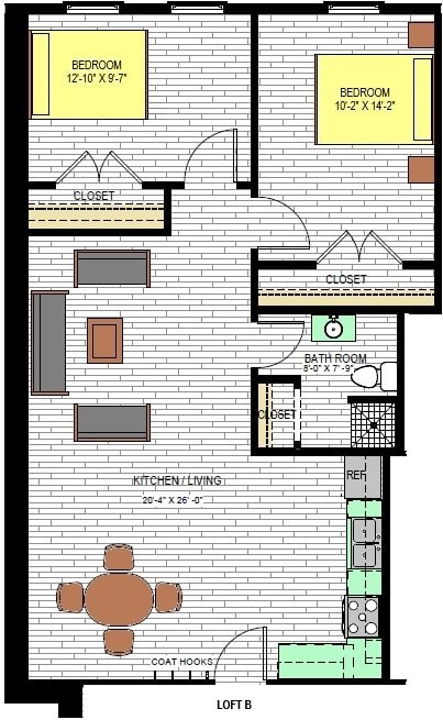 Floor plan for 2 beds, 2 baths, 890 sqft