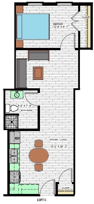 Floor plan for 1 bed, 1 bath, 554 sqft
