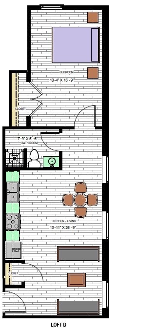 Floor plan for 1 bed, 1 bath, 636 sqft