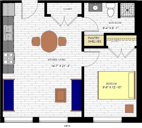 Floor plan for 1 bed, 1 bath, 583 sqft