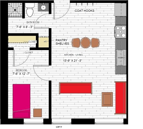 Floor plan for 1 bed, 1 bath, 506 sqft