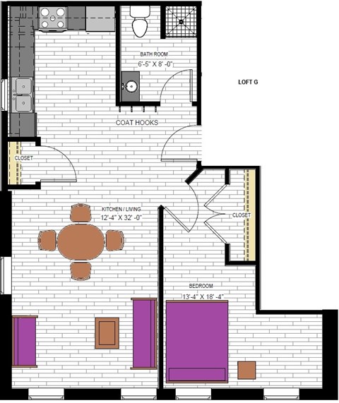 Floor plan for 1 bed, 1 bath, 696 sqft