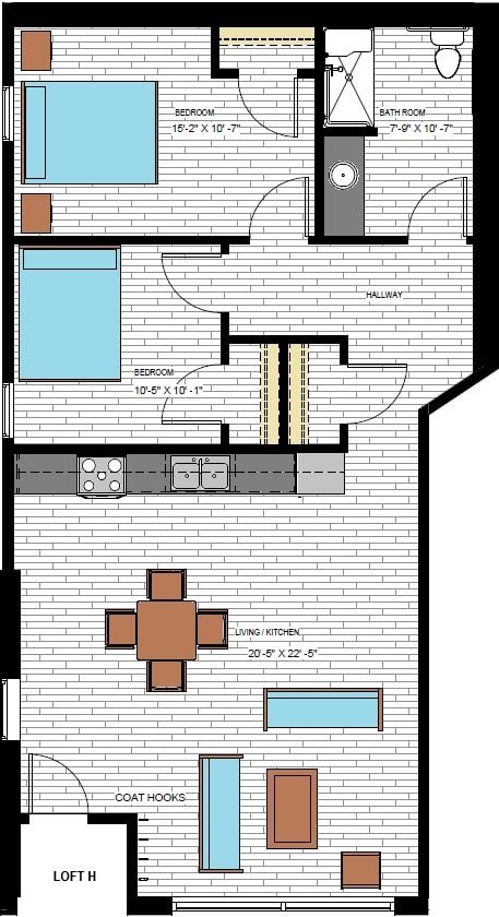 Floor plan for 2 beds, 2 baths, 947 sqft