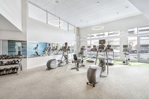 Milwaukee apartment for rent - a gym with cardio machines and weights in a building with large windows