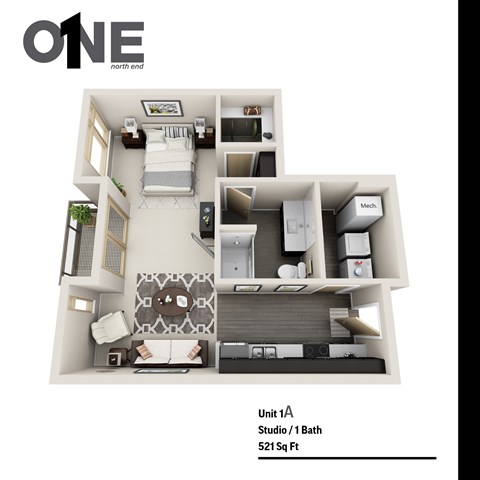 Floor plan for studio, 1 bath, 521 sqft