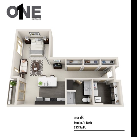 Floor plan for studio, 1 bath, 633 sqft