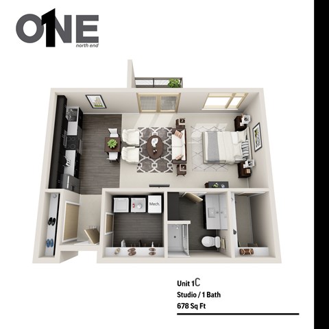 Floor plan for studio, 1 bath, 678 sqft