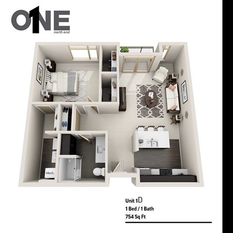 Floor plan for 1 bed, 1 bath, 754 sqft