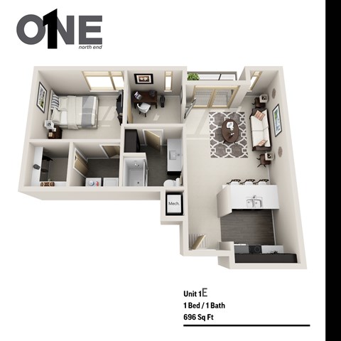 Floor plan for 1 bed, 1 bath, 696 sqft