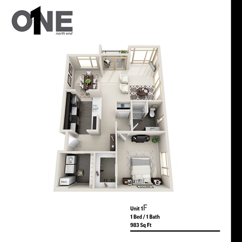 Floor plan for 1 bed, 1 bath, 983 sqft