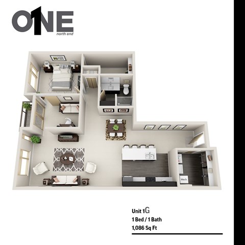 Floor plan for 1 bed, 1 bath, 1086 sqft