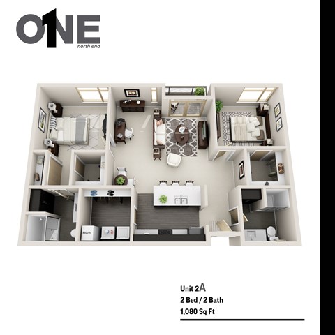 Floor plan for 2 beds, 2 baths, 1080 sqft