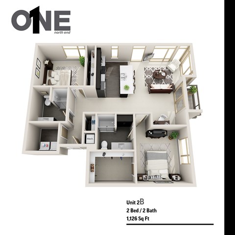 Floor plan for 2 beds, 2 baths, 1126 sqft