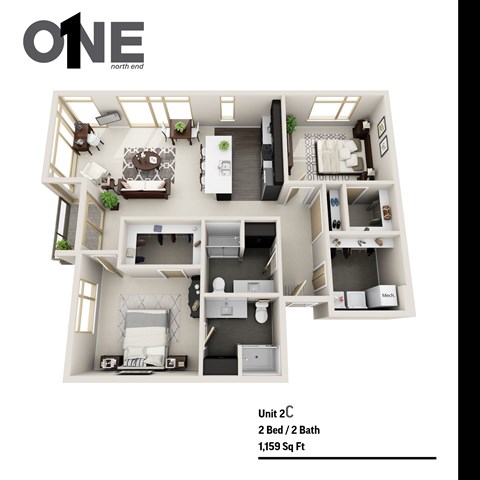 Floor plan for 2 beds, 2 baths, 1159 sqft