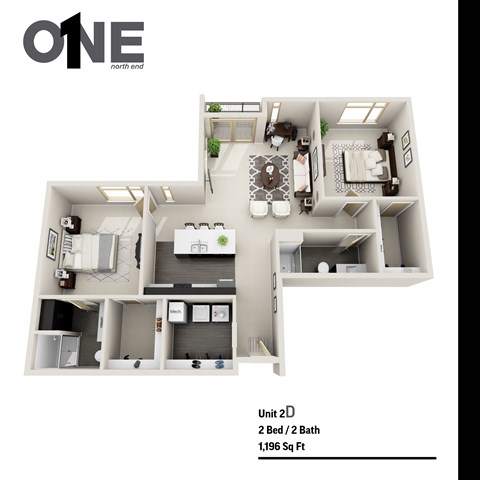 Floor plan for 2 beds, 2 baths, 1196 sqft