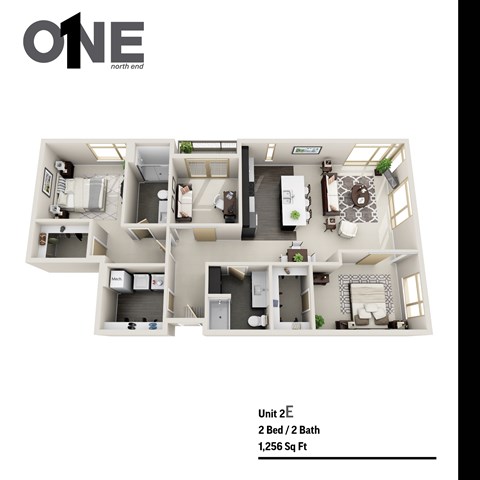 Floor plan for 2 beds, 2 baths, 1256 sqft