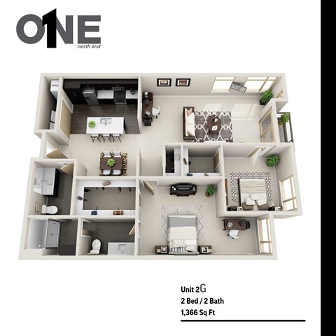 Floor plan for 2 beds, 2 baths, 1366 sqft