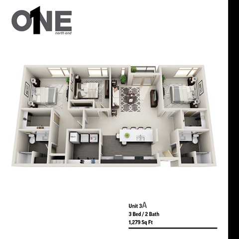 Floor plan for 3 beds, 2 baths, 1279 sqft